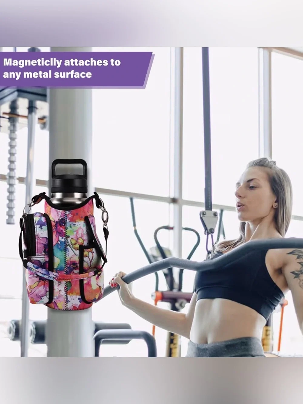 Floral Magnetic Gym Bag Water Bottle Holder with Phone Pockets & Shoulder Strap